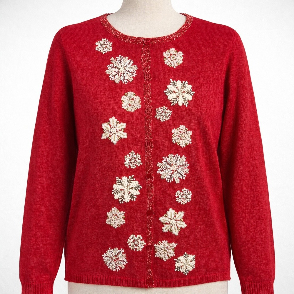 Vintage Coldwater Creek Beaded Cardigan Size L Red Snowflake Embellished Granny
